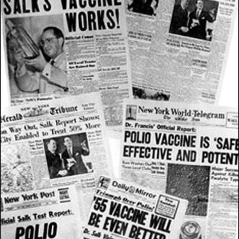 Newspaper headlines from 1955 about the polio vaccine and Dr. Jonas Salk.