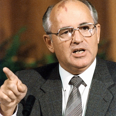 Mikhail Gorbachev speaking at a news conference.