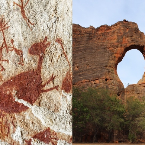 On the left, a Pedra Furada rock painting. On the right, the Pierced Rock site.