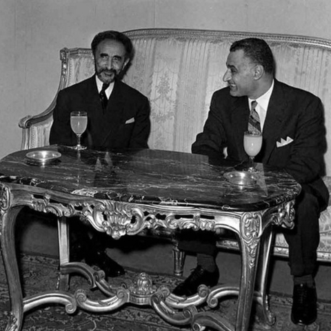 The Emperor of Ethiopia, Haile Selassie, sits with the President of Egypt, Gamal Abdel Nasser.