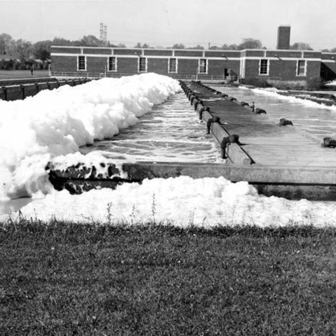 Detergent suds overflow from aeration tanks at the Southerly Wastewater Treatment Plant.