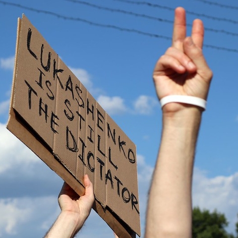 A protest sign from the mass demonstrations in Minsk, 2020.