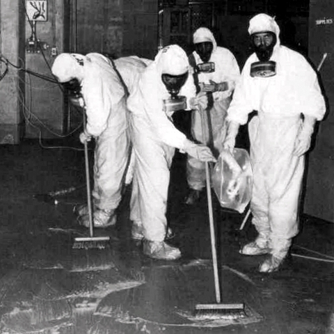 Three Mile Island personnel cleaning up radioactive contamination.