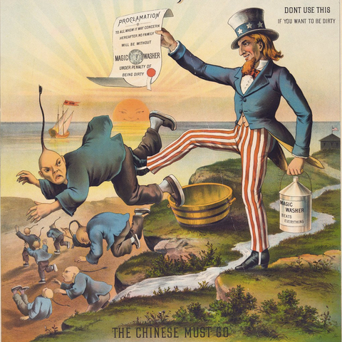 Uncle Sam kicks out Chinese immigrants in an anti-immigration cartoon.