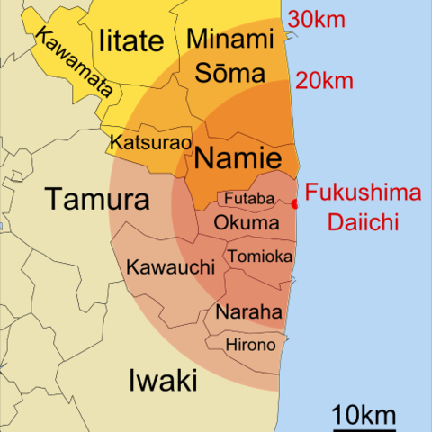 A map highlighting the towns northwest of Fukushima Daiichi that were evacuated.