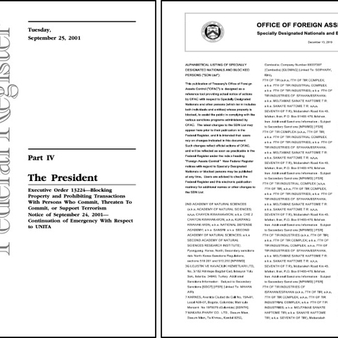 Executive Order 13224 on the left and Specially Designated Nationals list on the right.