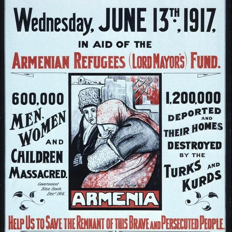 A 1917 British poster announcing a rally and seeking donations for displaced Armenians.