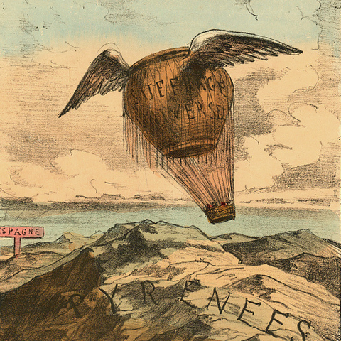 A French lithograph (c. 1850) shows a hot air balloon.