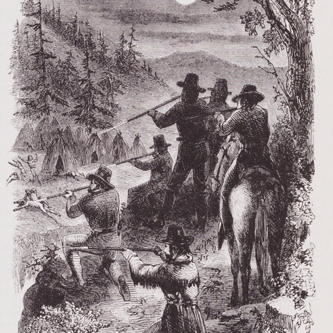 This illustration portrays militia men massacring Native Americans in California.