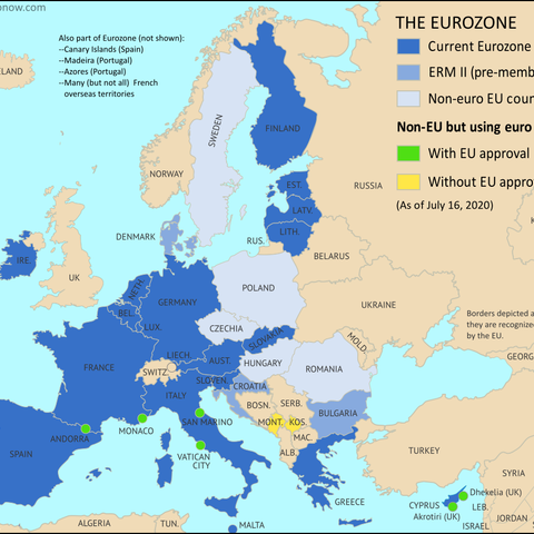 A map of the Eurozone, European Union, and other countries using the euro.