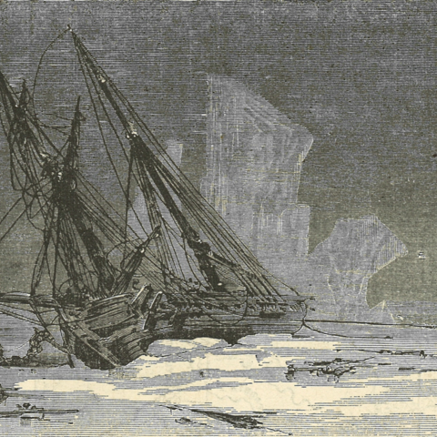 A sailing ship caught in Arctic ice.