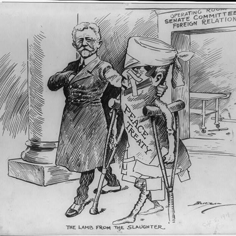 This 1919 political cartoon from The Evening Star shows Henry Cabot Lodge escorting a battered figure on crutches.