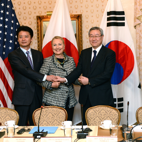 U.S. Secretary of State Hillary Rodham Clinton meets with Japanese Foreign Minister Koichiro Gemba and Korean Foreign Minister Kim Sung-hwan.