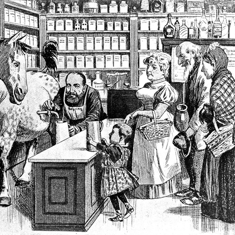 German caricature illustrating von Behring’s late 19th century experiment with diphtheria toxin and horses.