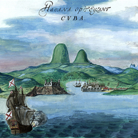 A pen, ink and watercolor painting done of Cuba's Havana Bay in 1639.