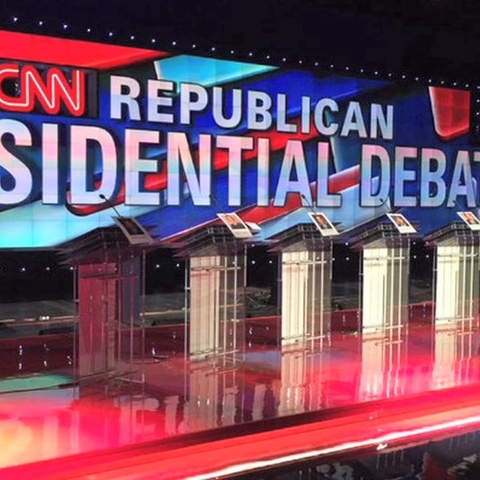 The stage before the 10th Republican Presidential Debate.