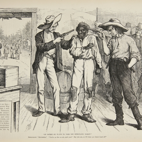 An 1876 cartoon depicting intimidation of an African American voter.