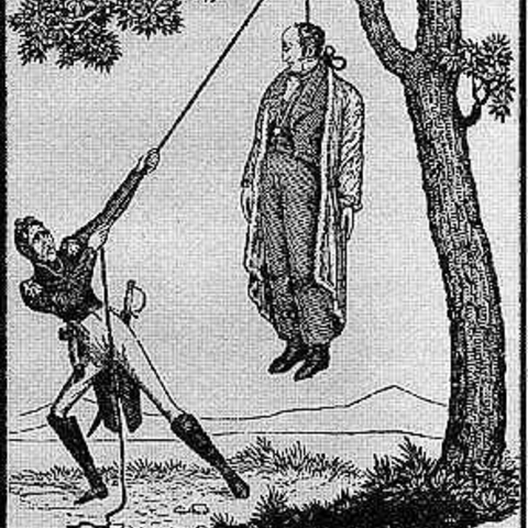 This political cartoon shows Andrew Jackson hanging John Quincy Adams from a tree.
