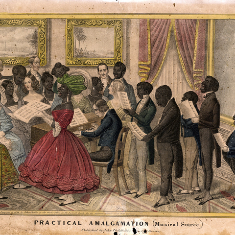 The first print in E.W. Clay’s 1839 series of lithographs on the topic, 'Practical Amalgamation (Musical Soiree).'