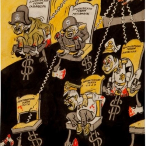 Boris Efimov's 1986 cartoon illustrates American manipulation.
