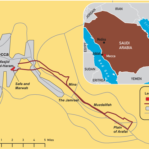 Map illustrating the location of Mecca and the route of the hajj.