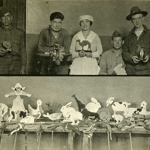 Patients made toys as part of occupational therapy in a psychiatric hospital around World War I.