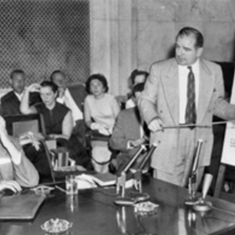 Senator Joseph McCarthy questioning attorney Joseph Welch during Congress’s Army-McCarthy hearings in 1954.