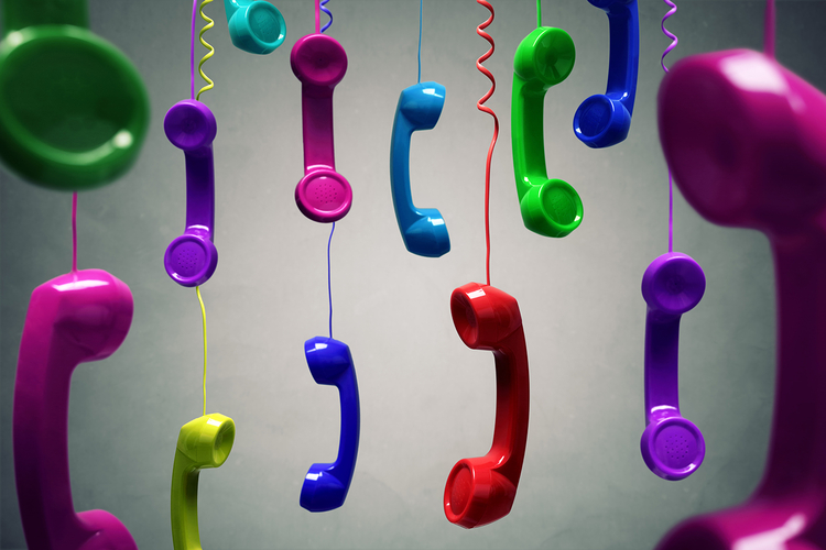 Multicolored hanging telephones